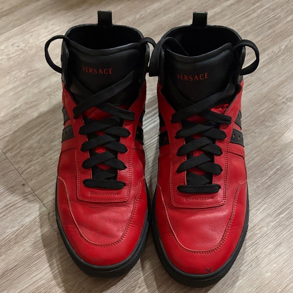 Versace Red/Black Double Stripe Mid-Top Sneakers, Man